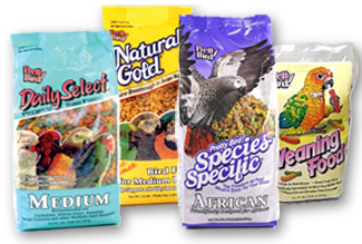 photo of bags of Pretty Bird extruded bird foods, Daily Select Medium , Natural Gold Medium, Species Specific African and Weaning Food