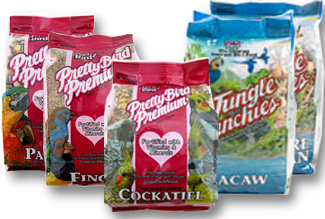 photo of bags of Pretty Bird Premium Seed Foods and Jungle Munchies Foods